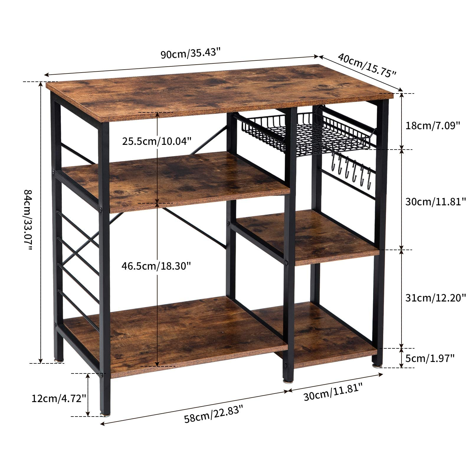 Industrial Kitchen Baker’s Rack， Microwave Oven Stand 3-Tier Kitchen Organizer Workstation，Utility Storage Shelf Coffee Bar，Easy Assembly， Brown