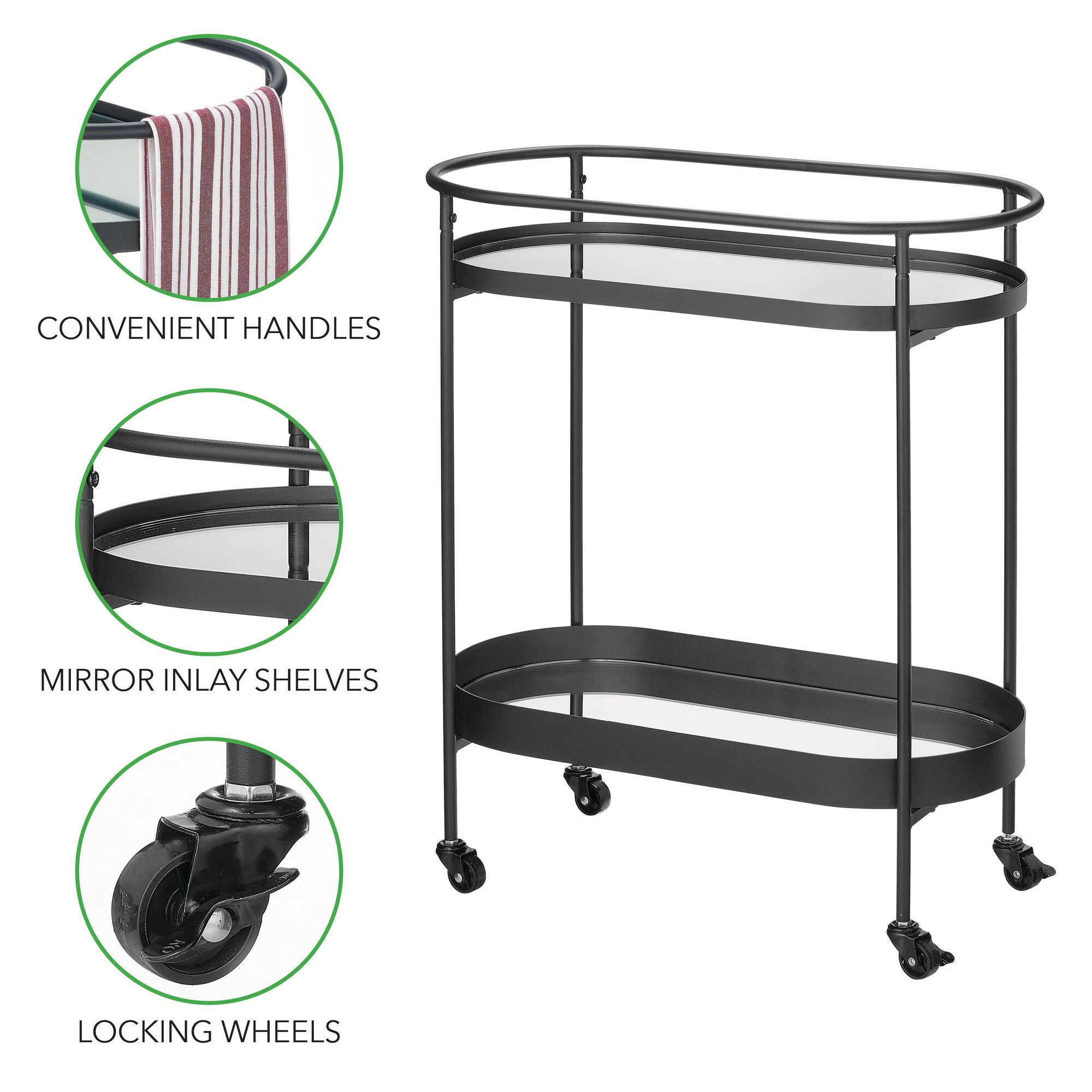 mDesign Stylish Modern Mirror Tray Top Rolling Serving Bar Cart - 2-Tier Oval Home Drink Rack Trolley Kitchen Furniture with Wheels for Wine， Coaster， Glass， Beer， and Drinks - Matte Black