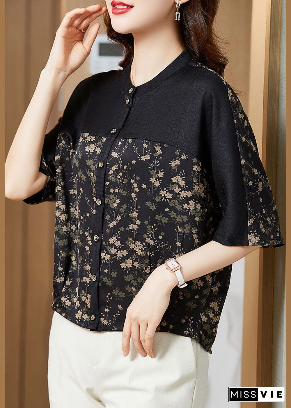 Modern Black O-Neck Patchwork Print Silk Shirt Tops Half Sleeve