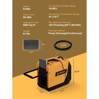 Runesay 180 pt. 6000 sq.ft. Auto Defrost Industrial Commercial Dehumidifier in YellowsGolds with Pump for Large Space DHOXR180C7131