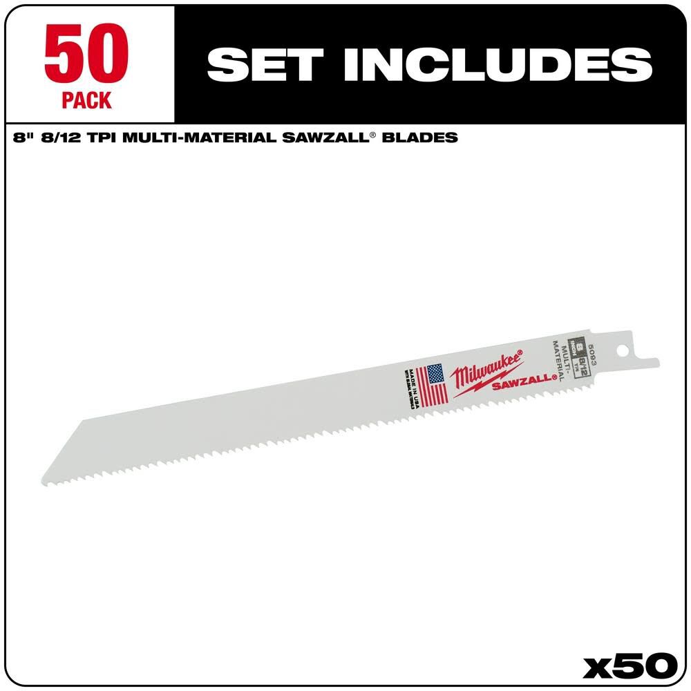 Milwaukee 8 in. 8/12 TPI SAWZALL Blades (50 Pack) 48-01-6093 from Milwaukee