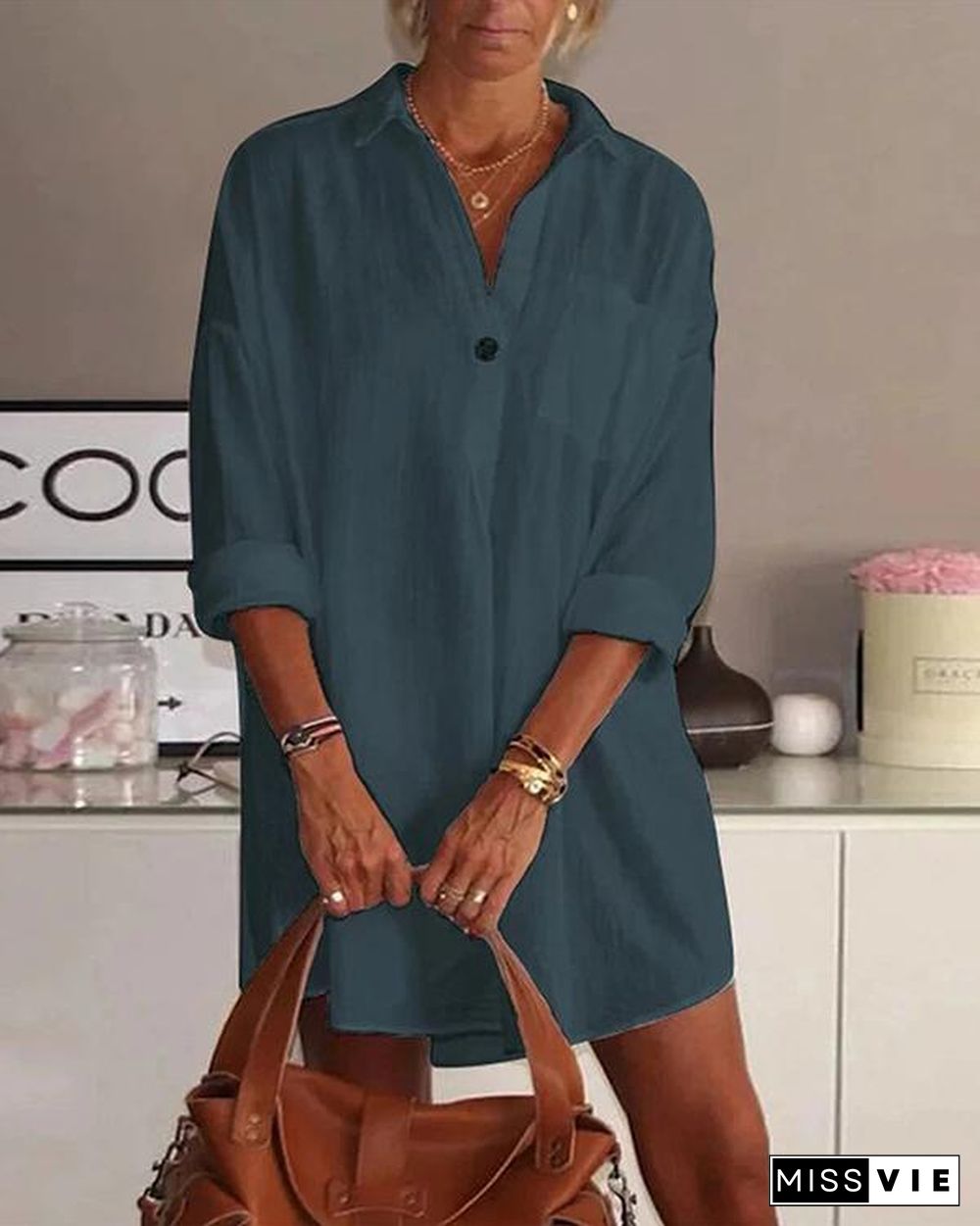 Solid Color Turn-down Collar Long Sleeve Dress