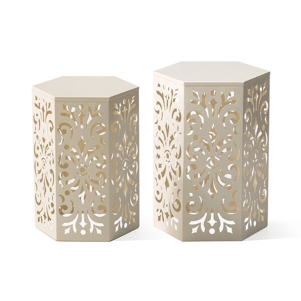 Glitzhome Set of 2 Iron Floral Pattern Outdoor Table Garden Stool