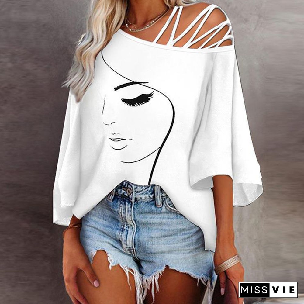 Women Sexy Hollow Out Straps Off Shoulder Tee Shirt Harajuku Half Sleeve Blusas Fashion Loose Casual Top Ladies Printed T-Shirts