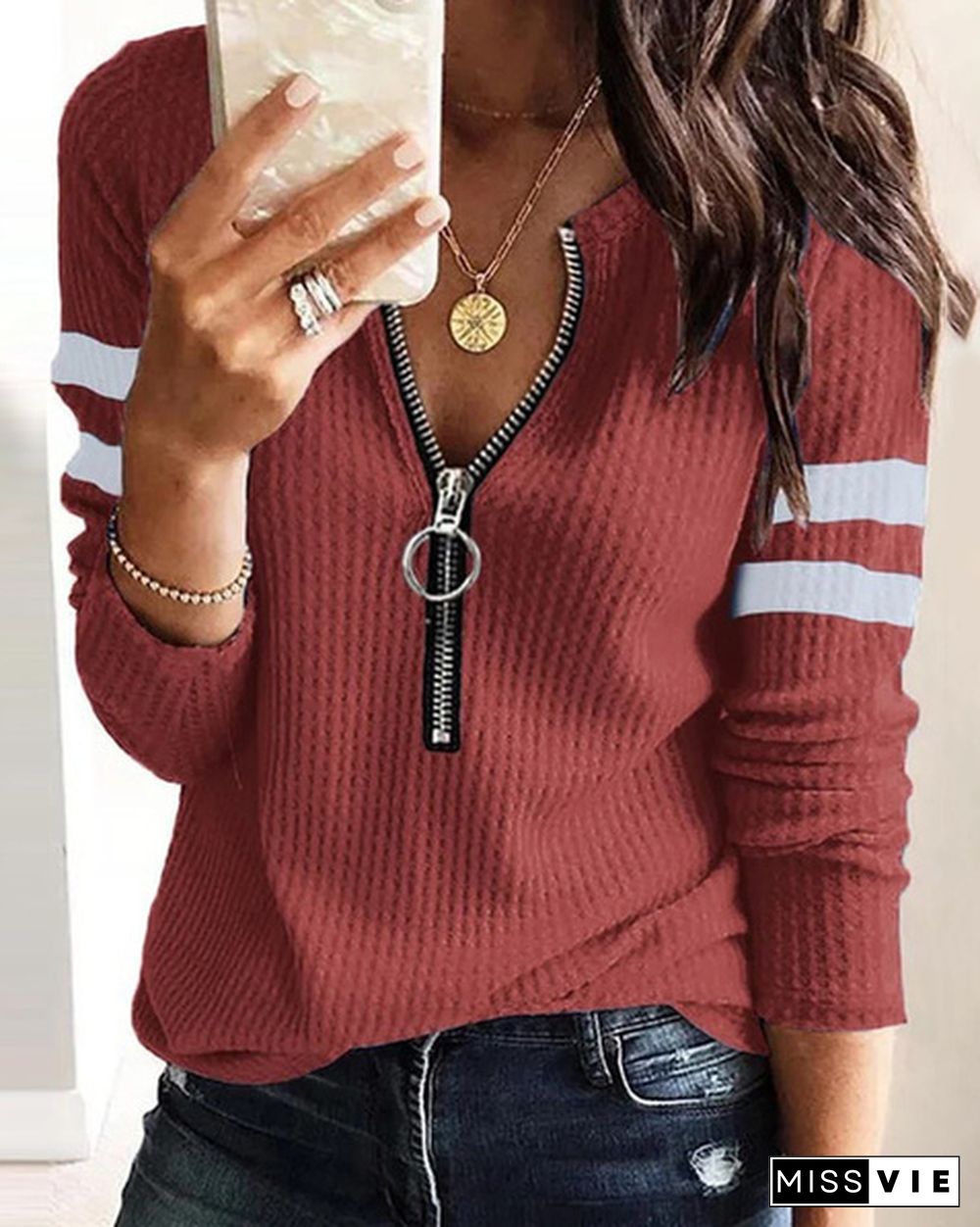 Autumn Fashion Women's Fashion Casual Solid Color V Neck Zipper Long Sleeves Basic Top Blouse Plus Size S-5XL