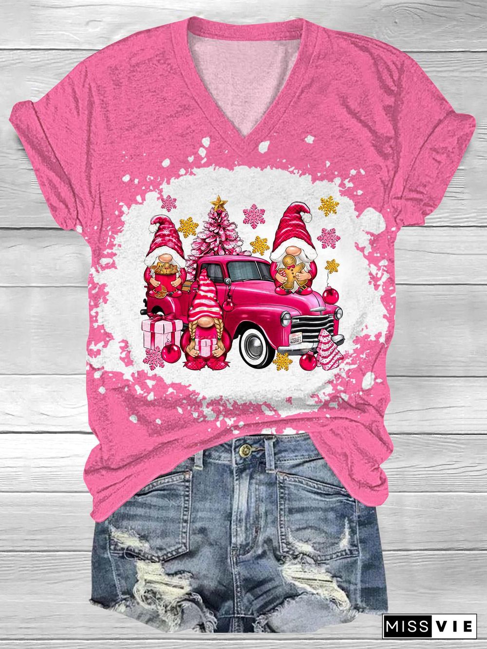 Pink Christmas Gnomes Truck V-Neck T-Shirt