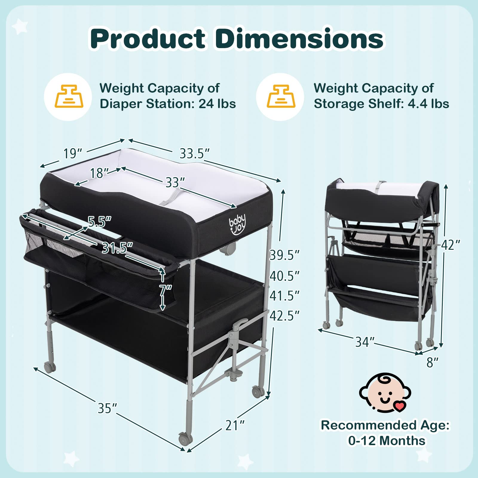 Costzon Portable Baby Changing Table, Foldable Infant Diaper Changing Station, Newborn Nursery Organizer w/ 4 Lockable Wheels