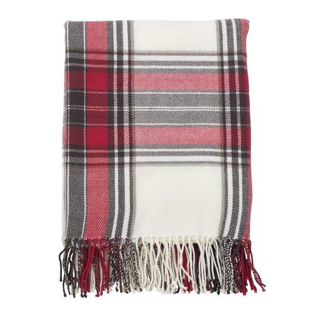 Classic Plaid Design Fringe Edged Throw Blanket Red white Saro Lifestyle