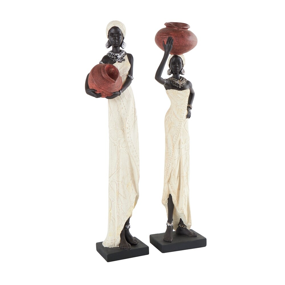 Cream Polystone Standing African Woman Sculpture with Red Water Pots and Black Base (Set of 2)   2 ASST 16\