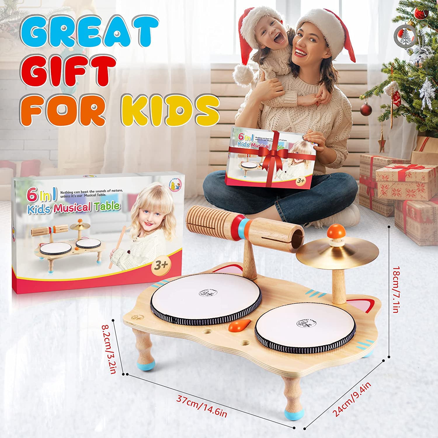 Sweet time Kids Drum Set， Baby Musical Instruments Toys for Toddlers， 6 in 1 Wooden Percussion Instruments Toddler Drum Set Sensory Toys Montessori Toys Birthday Gifts for Boys and Girls