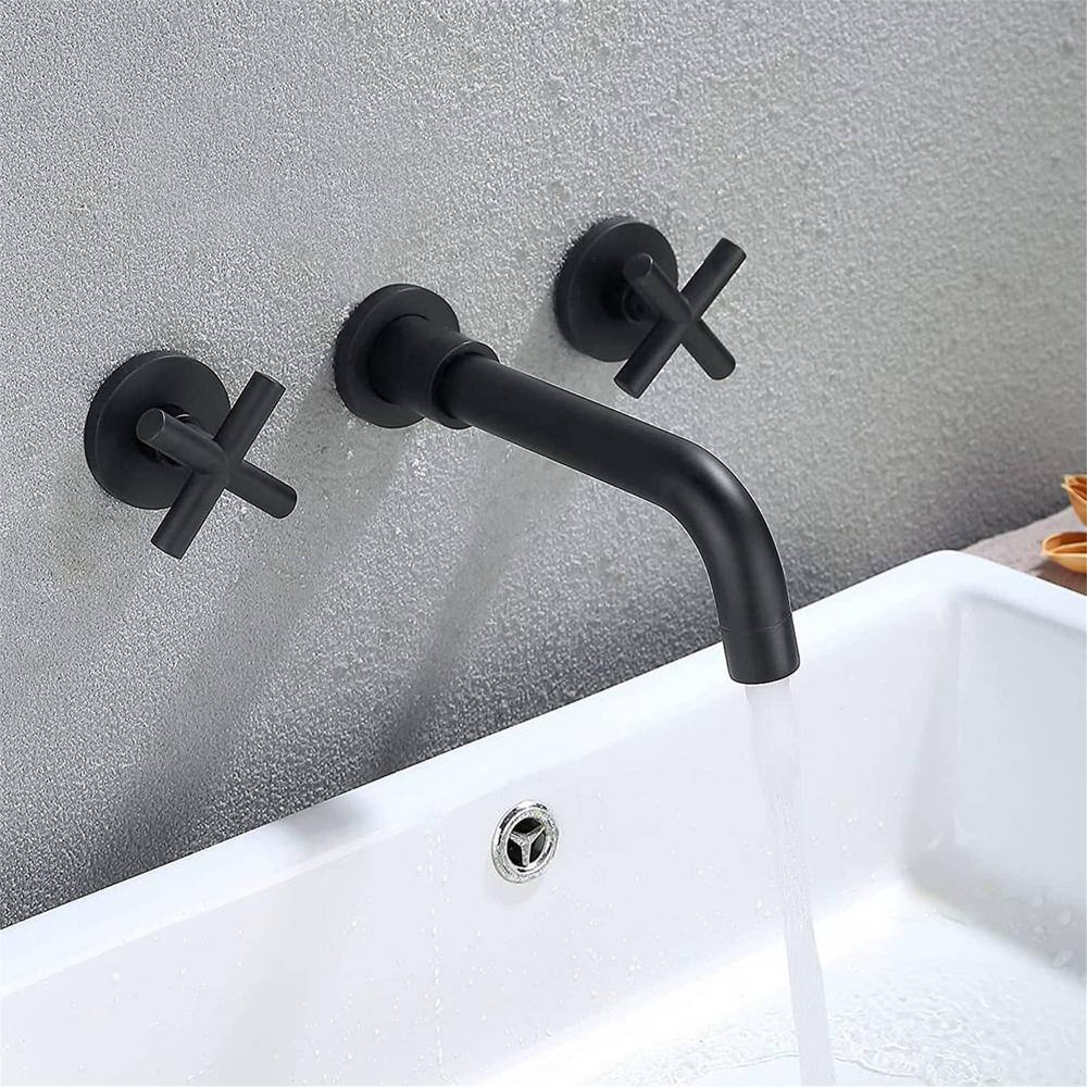 FLG Double Handle Wall Mounted Bathroom Faucet Brass Modern 3 Holes Sink Faucets in Matte Black (Valve Included) KK-0016-MB