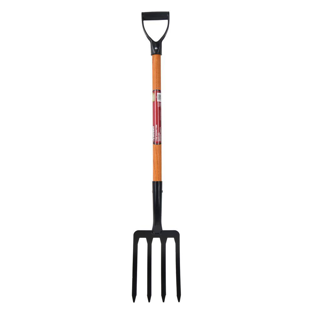Husky 28 in. Short Wood Handle 4-Tine Spading Fork with D -Grip 618034