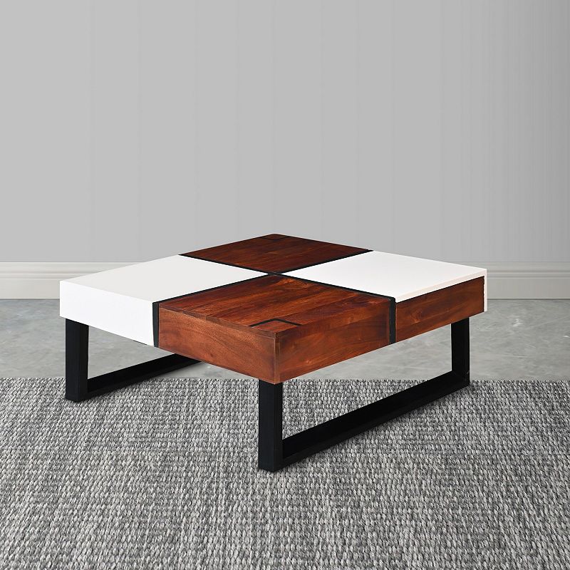 Byron 35 Inch Acacia Wood Square Coffee Table， 2 Slide Out Storage， White， Mahogany Brown