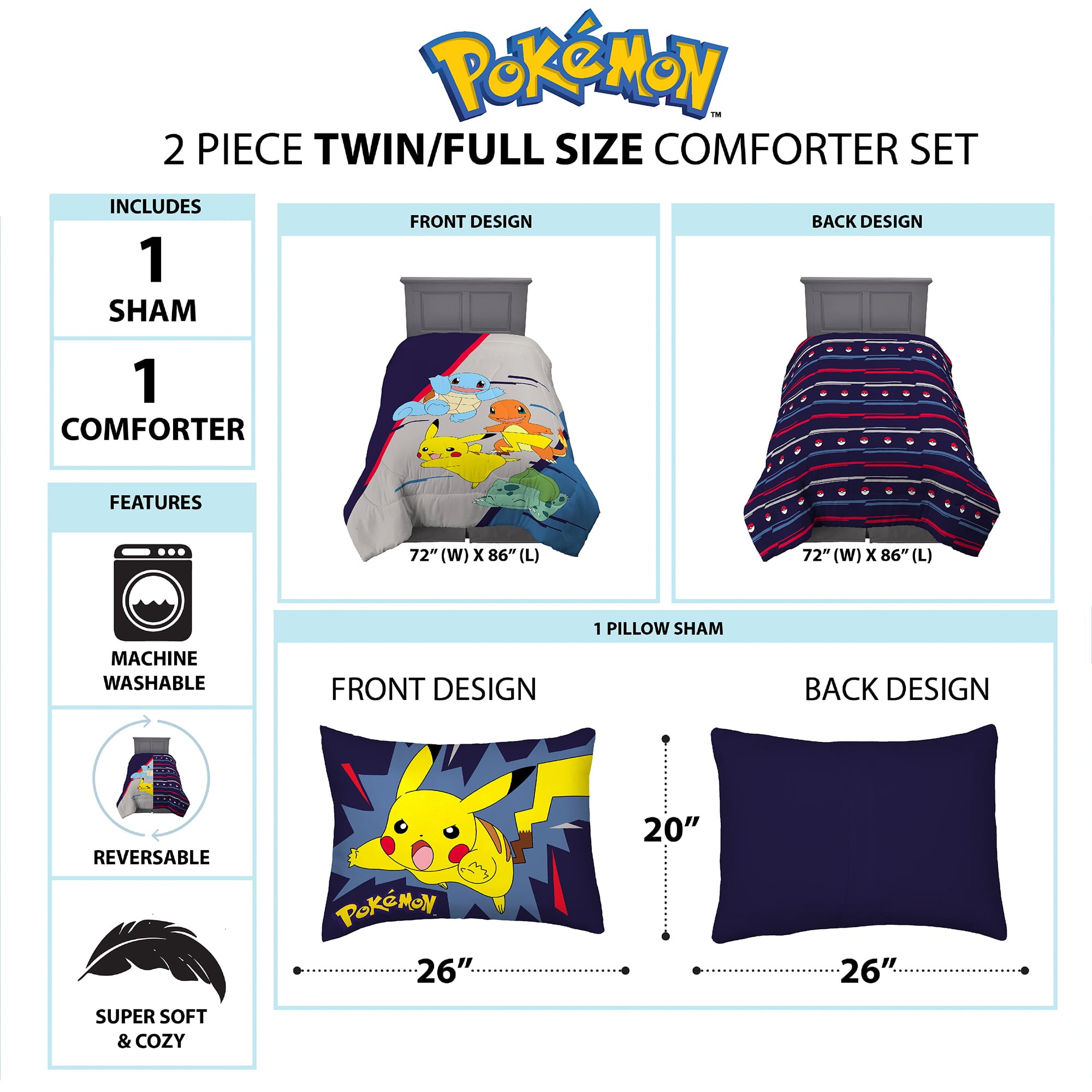 Pokémon Kids Comforter and Sham， 2-Piece Set， Twin/Full， Gaming Bedding， Reversible， Blue and Gray