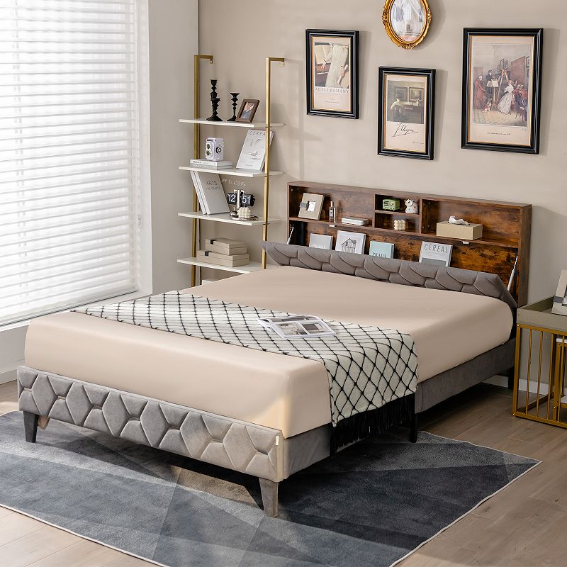 Upholstered Bed Frame with Storage Headboard