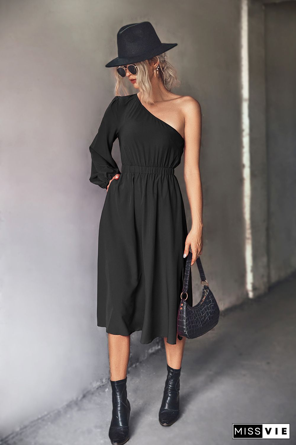 One Shoulder Elastic High Waist Midi Dress