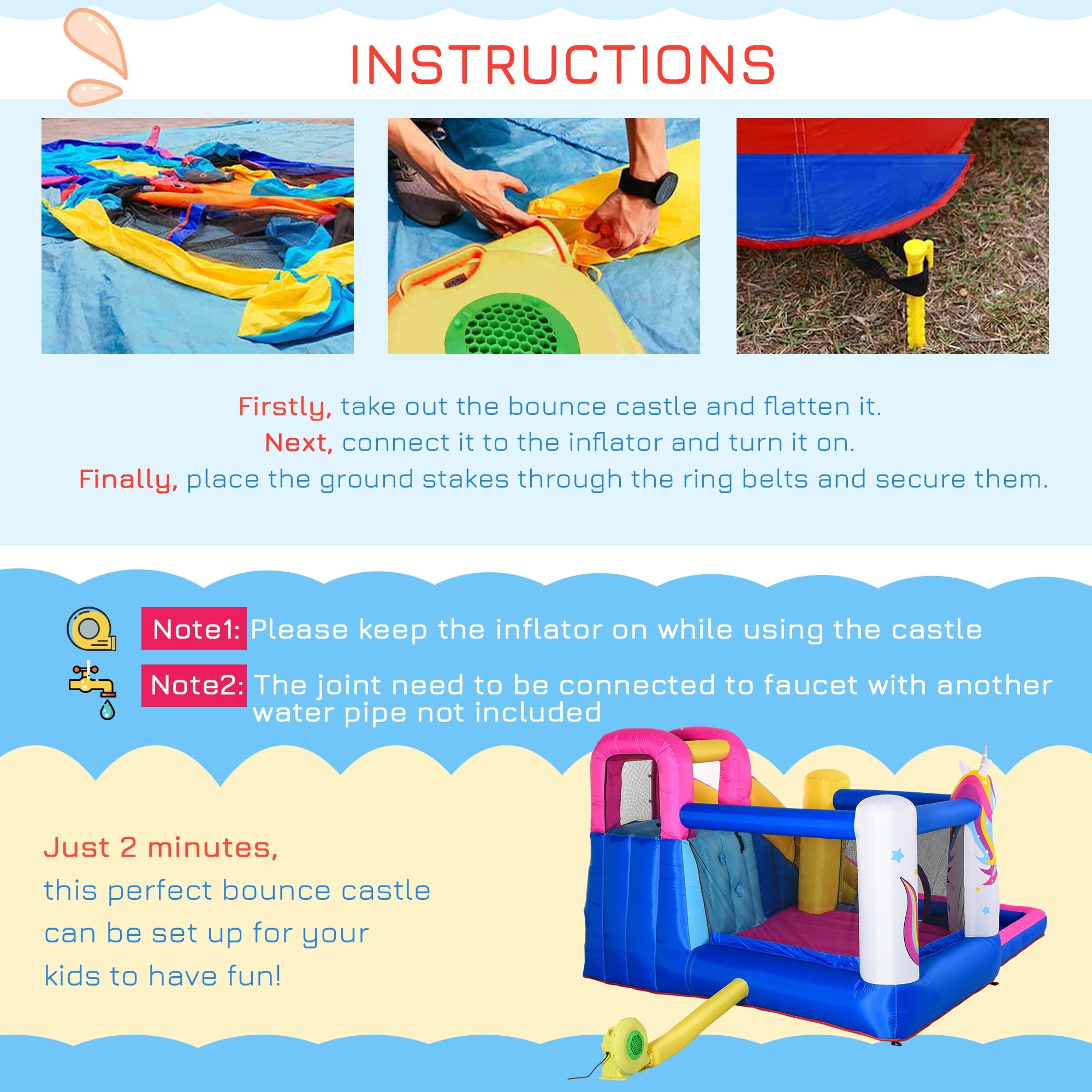 Outsunny Inflatable Water Slide 5 in 1 Bounce House Castle with Air Blower for 3-10 Years