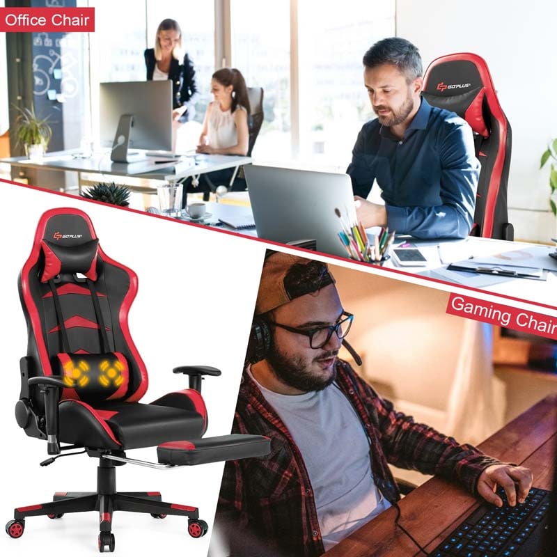 PU Leather Massage Gaming Chair with Footrest, Height Adjustable High Back Ergonomic Gamer Racing Recliner, Swivel PC Game Chair Office Chair