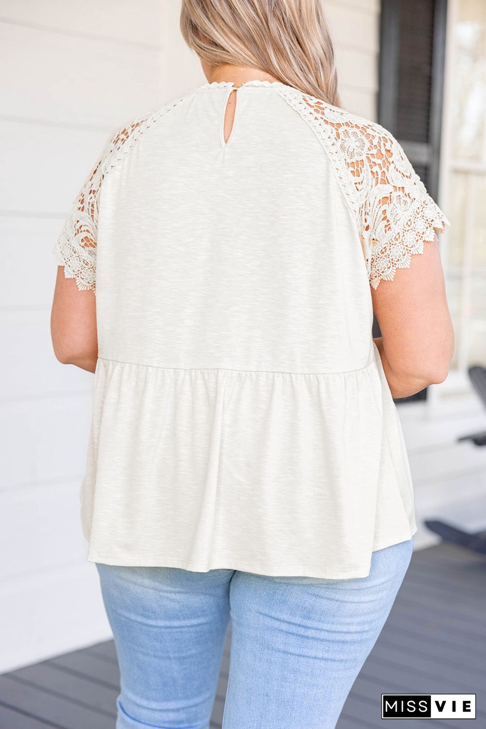 Apricot Hollowed Lace Sleeve Plus Size Tunic Top