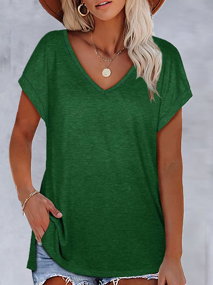 V-neck Casual Loose Solid Color Short-sleeved T-shirt