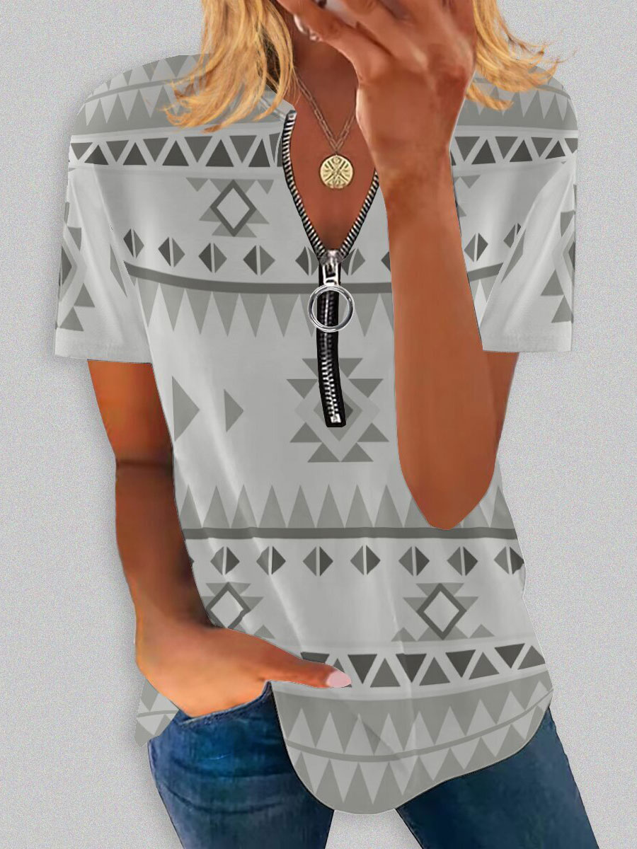 Round Neck Casual Loose Ethnic Geometric Print Short-sleeved T-shirt