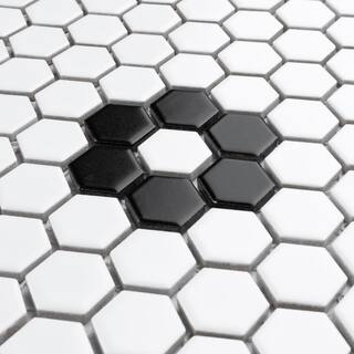 Merola Tile Metro 1 in. Hex Matte White with Single Flower 10-14 in. x 11-78 in. Porcelain Mosaic Tile (8.6 sq. ft.Case) FXLM1HMF