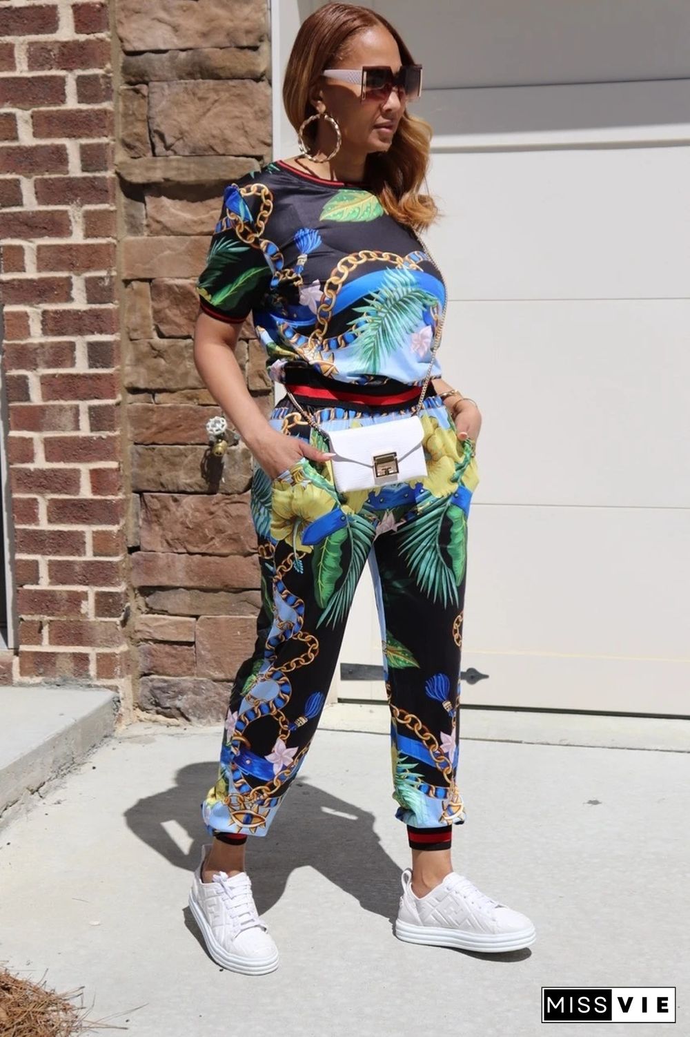 High Quality Fashion Women Print O Neck Short Sleeve T Shirt Tops Long Pants Two Piece Tracksuit Sets