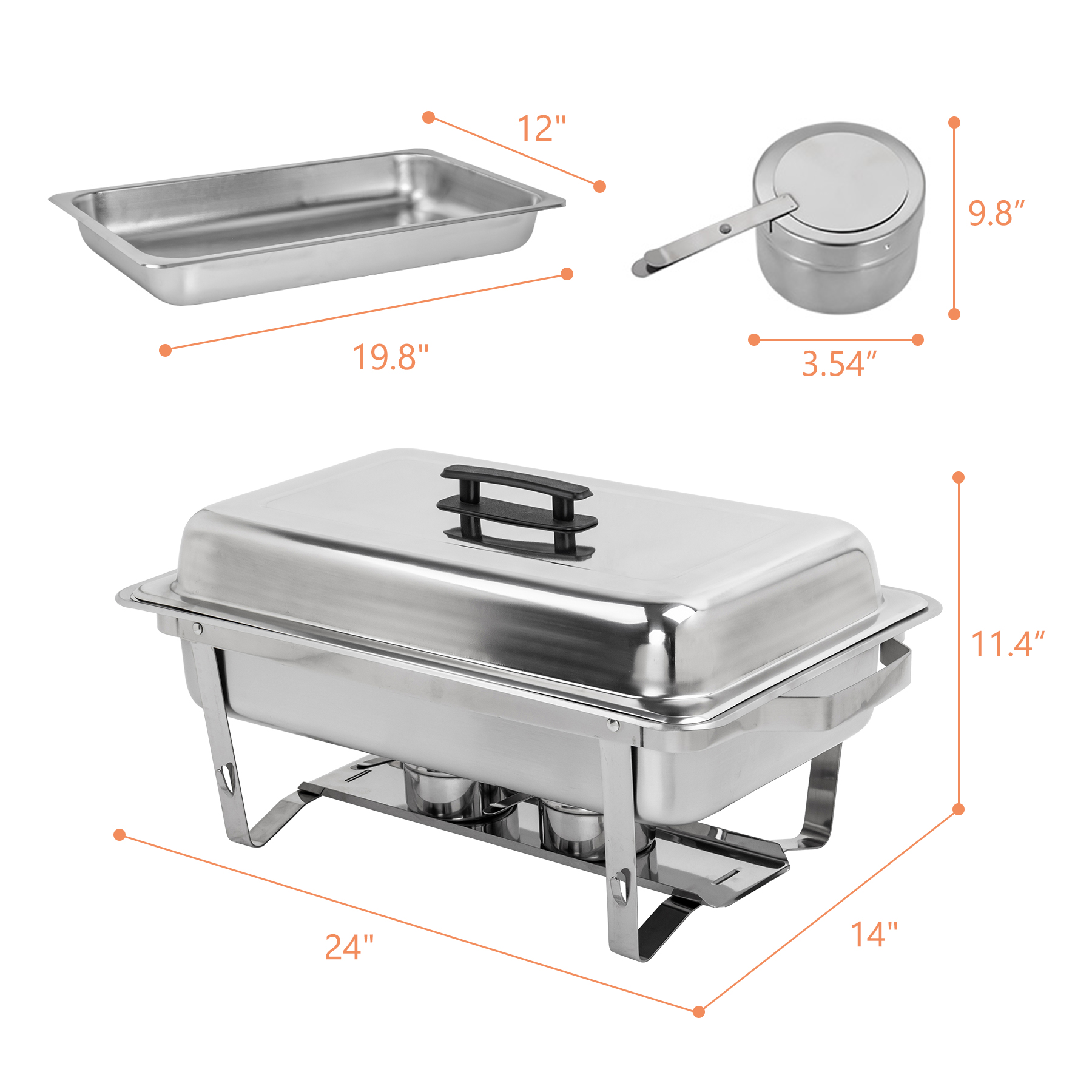 Grandma Shark 4PC 8 Qt/9L Folding Stainless Steel Rectangular Buffet Set Chafing Dishes with Alcohol Furnace， Silver