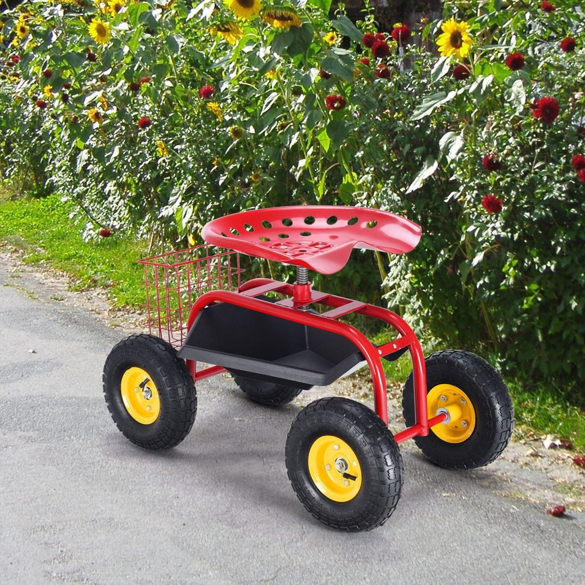 Outdoor Rolling Garden Cart Wagon Scooter with 360¡ã Swivel Seat