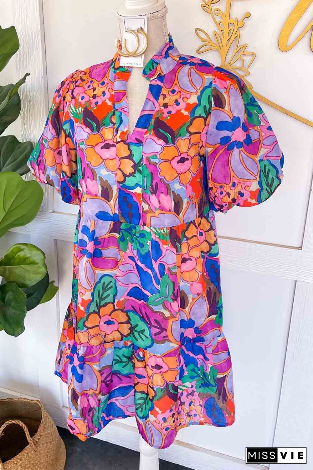 Multicolor Floral Print V Neck Puff Sleeve Mini Dress