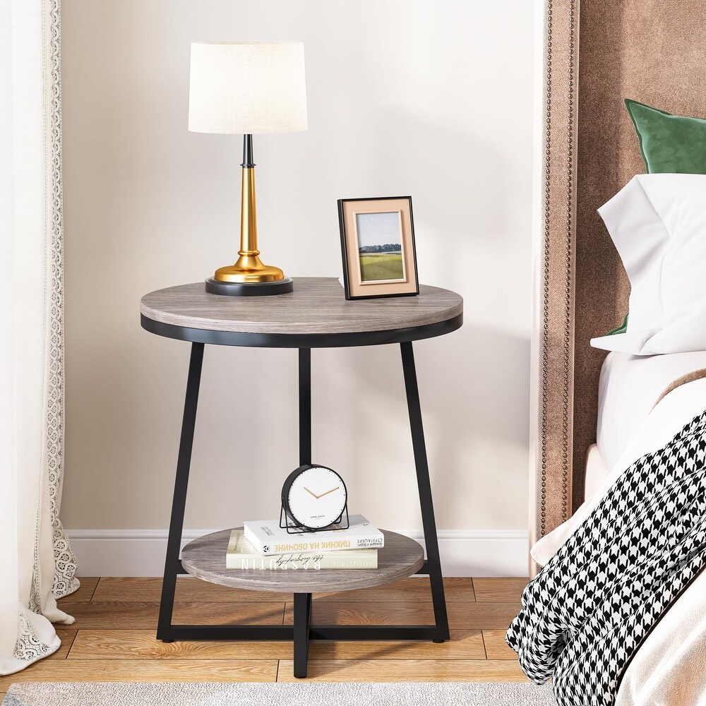 2 Tier Industrial Round Side End Table with Storage Living Room