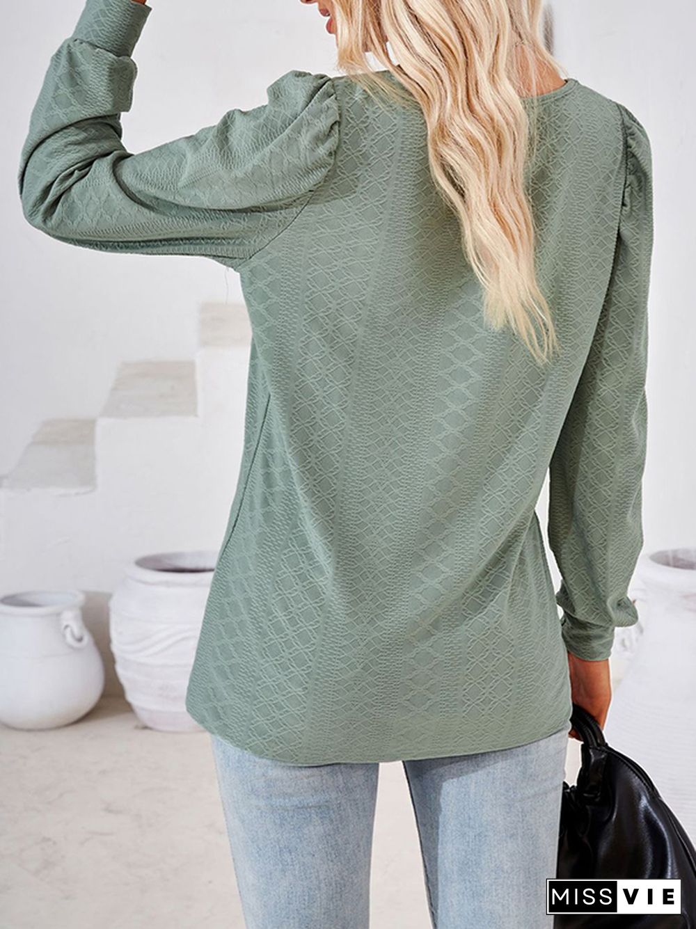 Loose Jacquard Solid Color Square-neck T-Shirts Tops