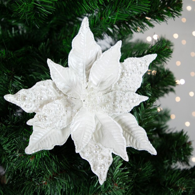 Pearl White Glittered Poinsettia Christmas Stem Spray