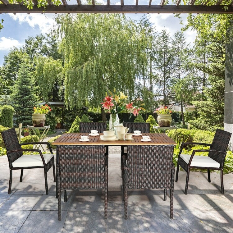 7PCS Patio Rattan Cushioned Dining Set with Umbrella Hole   24.5\