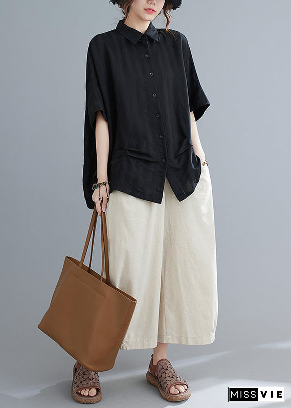 Stylish Black Oversized Wrinkled Cotton Shirt Top Summer