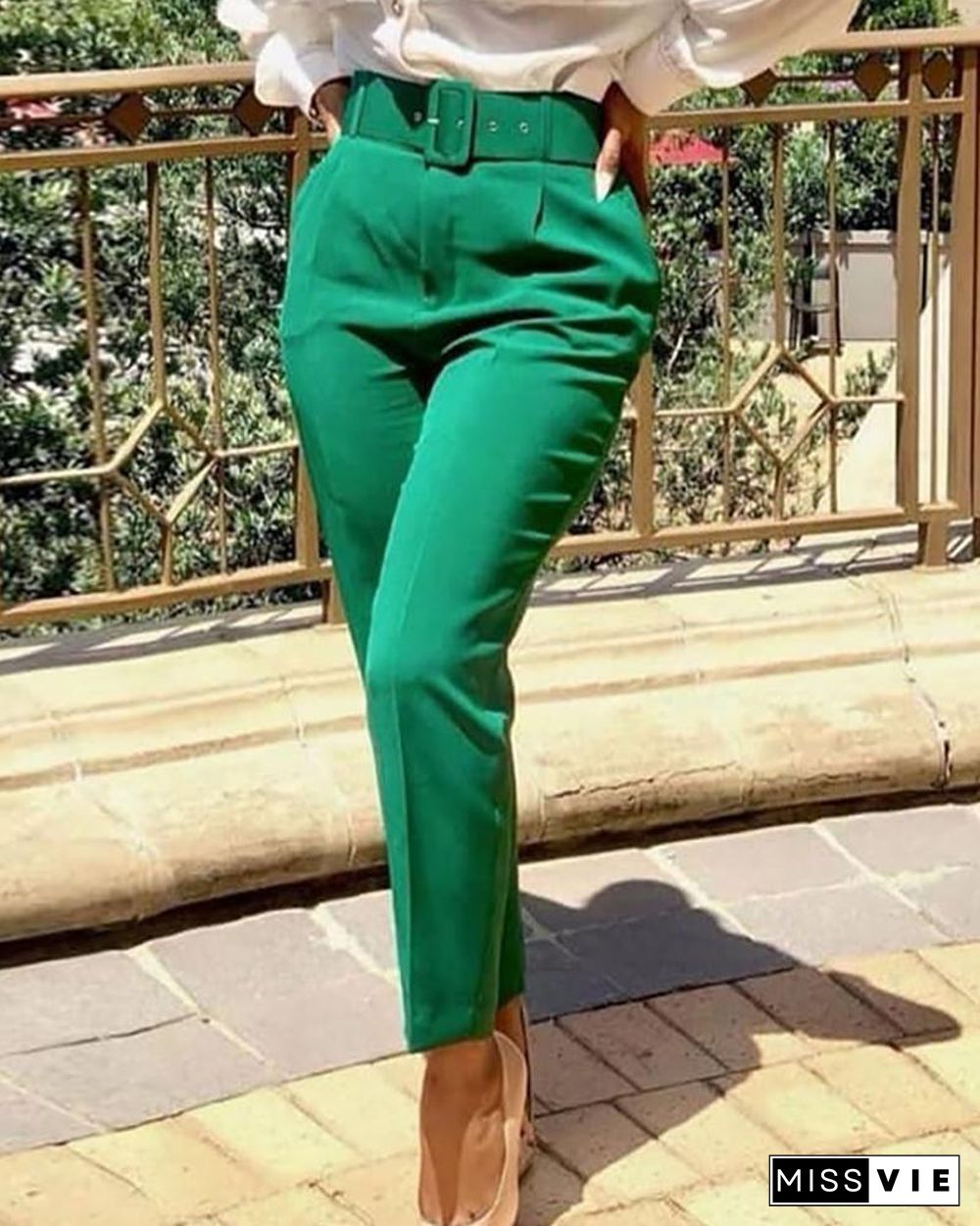 Pocket Design Solid Tailored Pants P14089