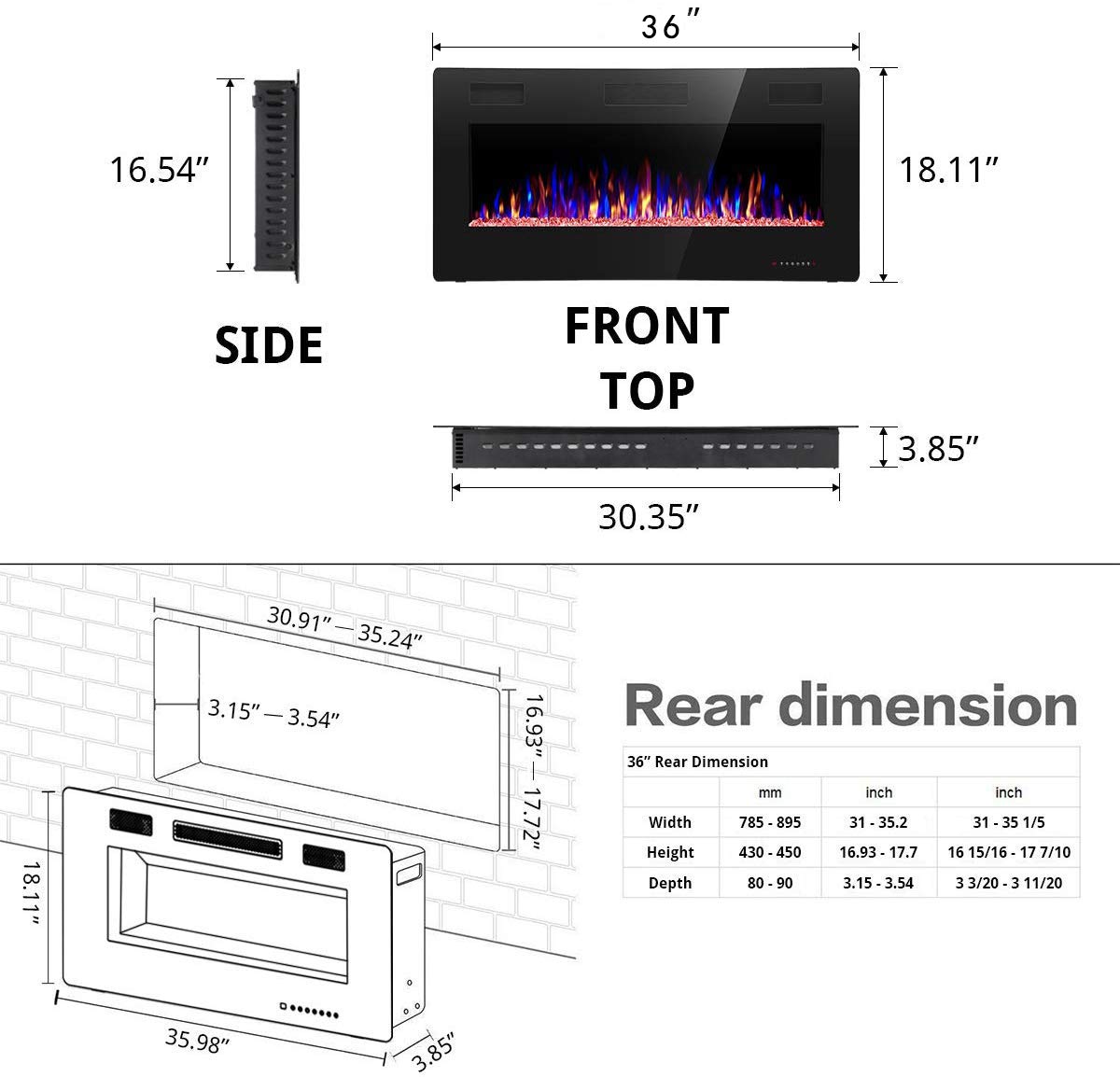 YUKOOL 36" Electric Fireplace Adjustable Flame, Flush/Wall Mount, Touch Screen, Remote