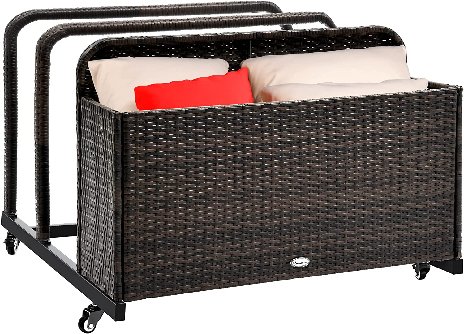 YITAHOME Outdoor Wicker Storage Box, One PE Rattan Deck Box and Two Long Holder Compartments, Patio Poolside Caddy with Rolling Wheels for Floaties, Noodles, Life Vests, Beach Balls, Toys (Brown)