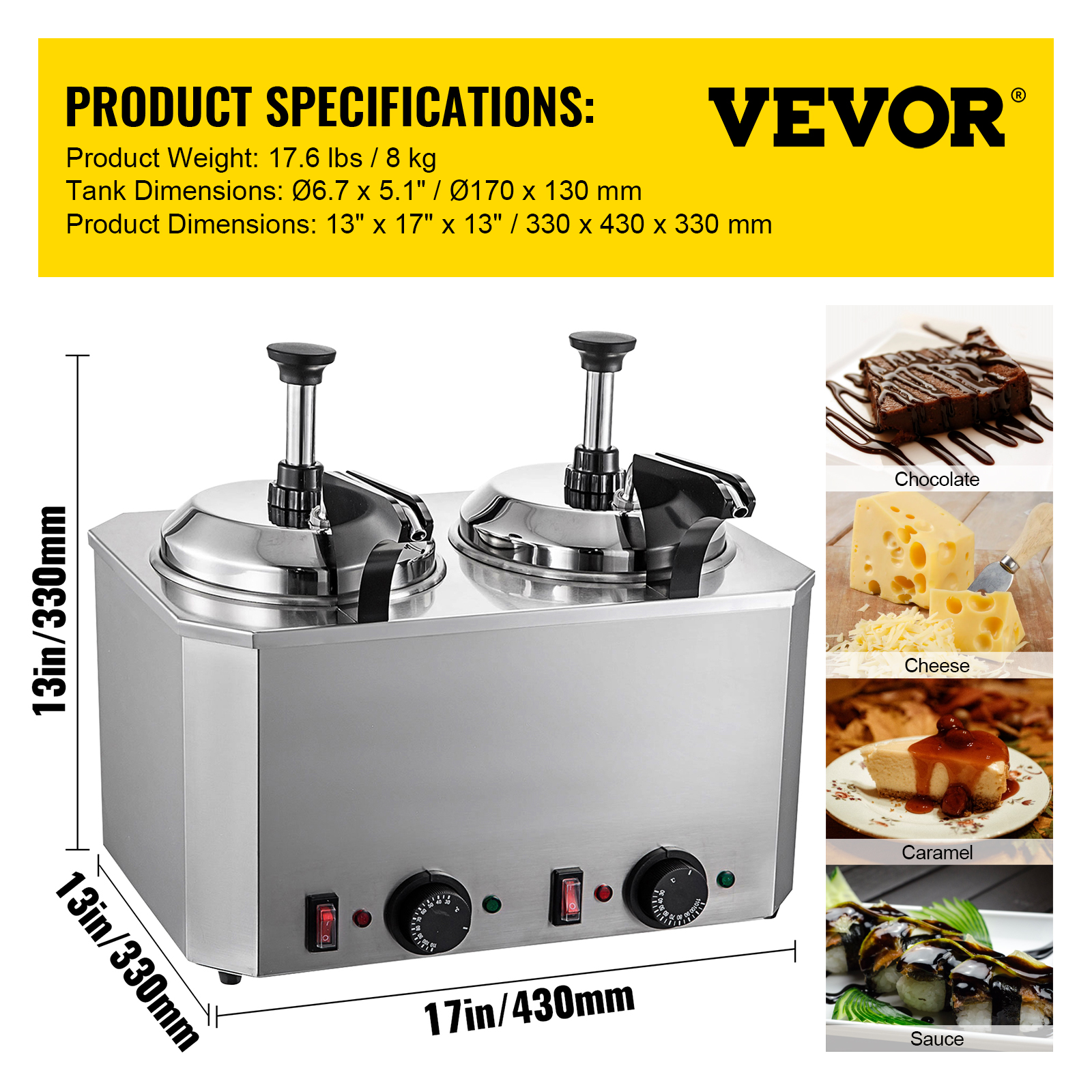 VEVOR 5.28Qt Nacho Cheese Dispenser w/Heated Pump Hot Fudge Caramel Warmer Stainless