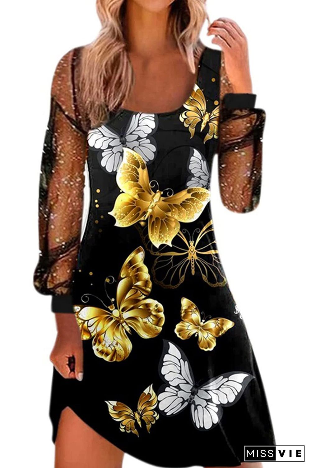 Printed with Bling Sheer Sleeves Dress