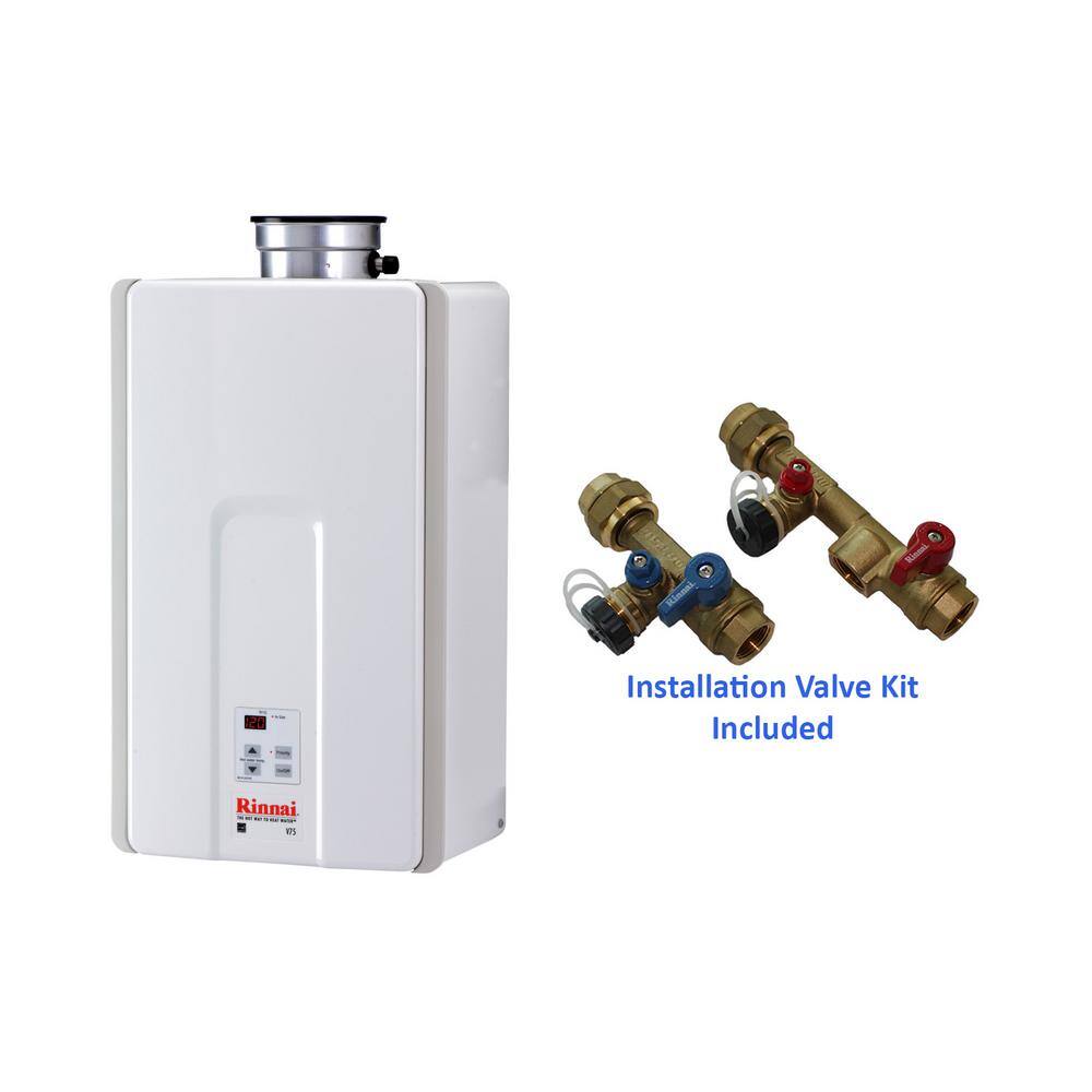 Rinnai High Efficiency 7.5 GPM Residential Natural Gas Interior Tankless Water Heater with Isolation Valves Bundle V75iN-MIVK-T-LW