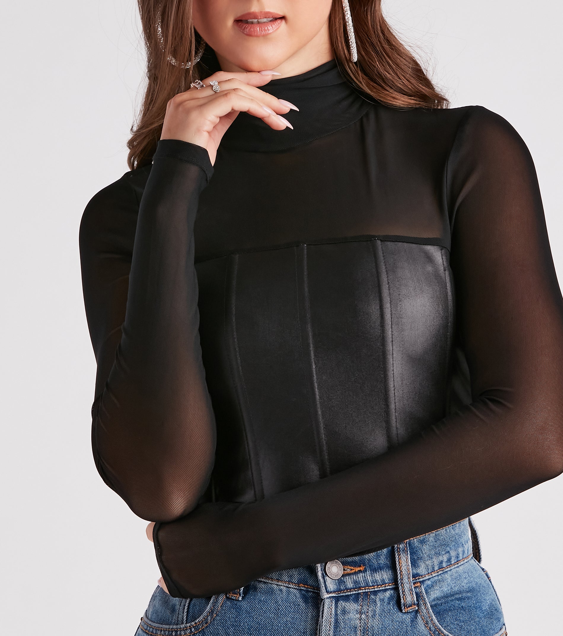 Total Grunge Faux Leather Corset Mesh Top