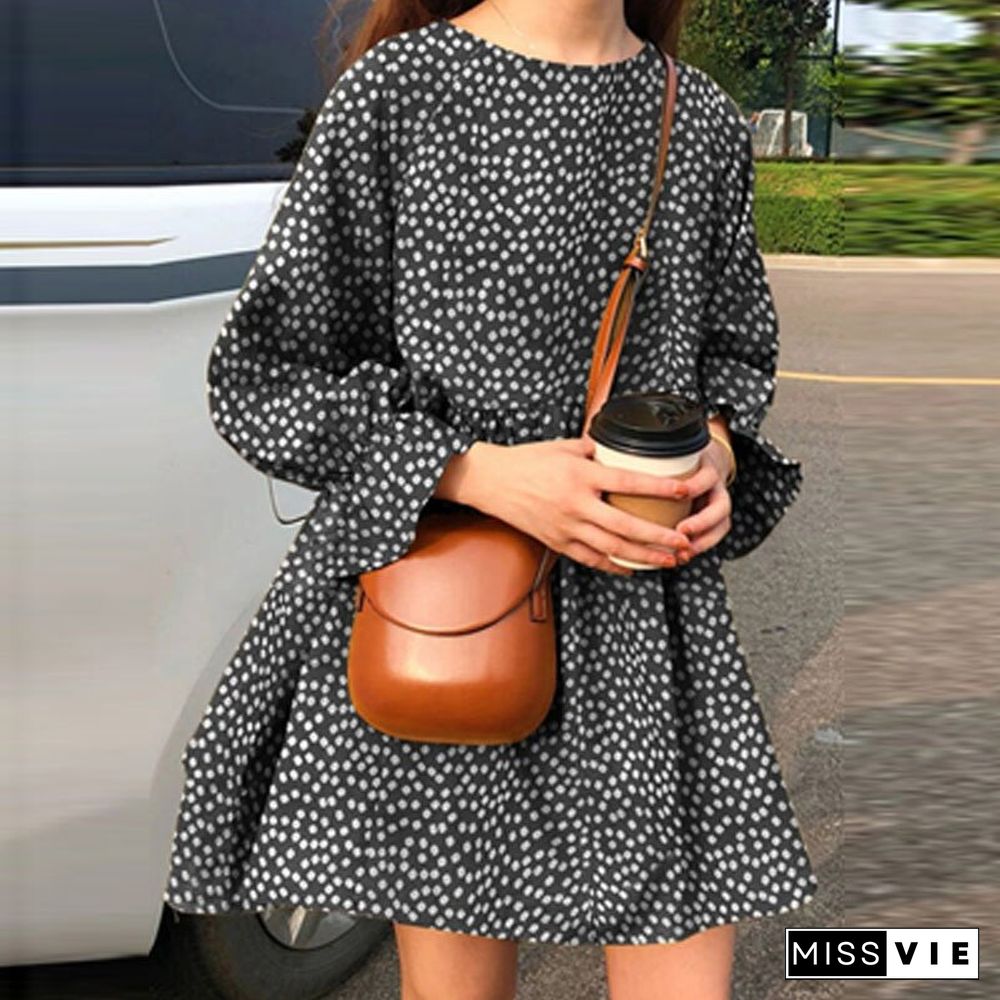 Women Fashion Small Fresh Long Sleeve O Neck Dress Early Autumn Dot Print Mini Dress Ladies Casual Loose High Waist Dresses