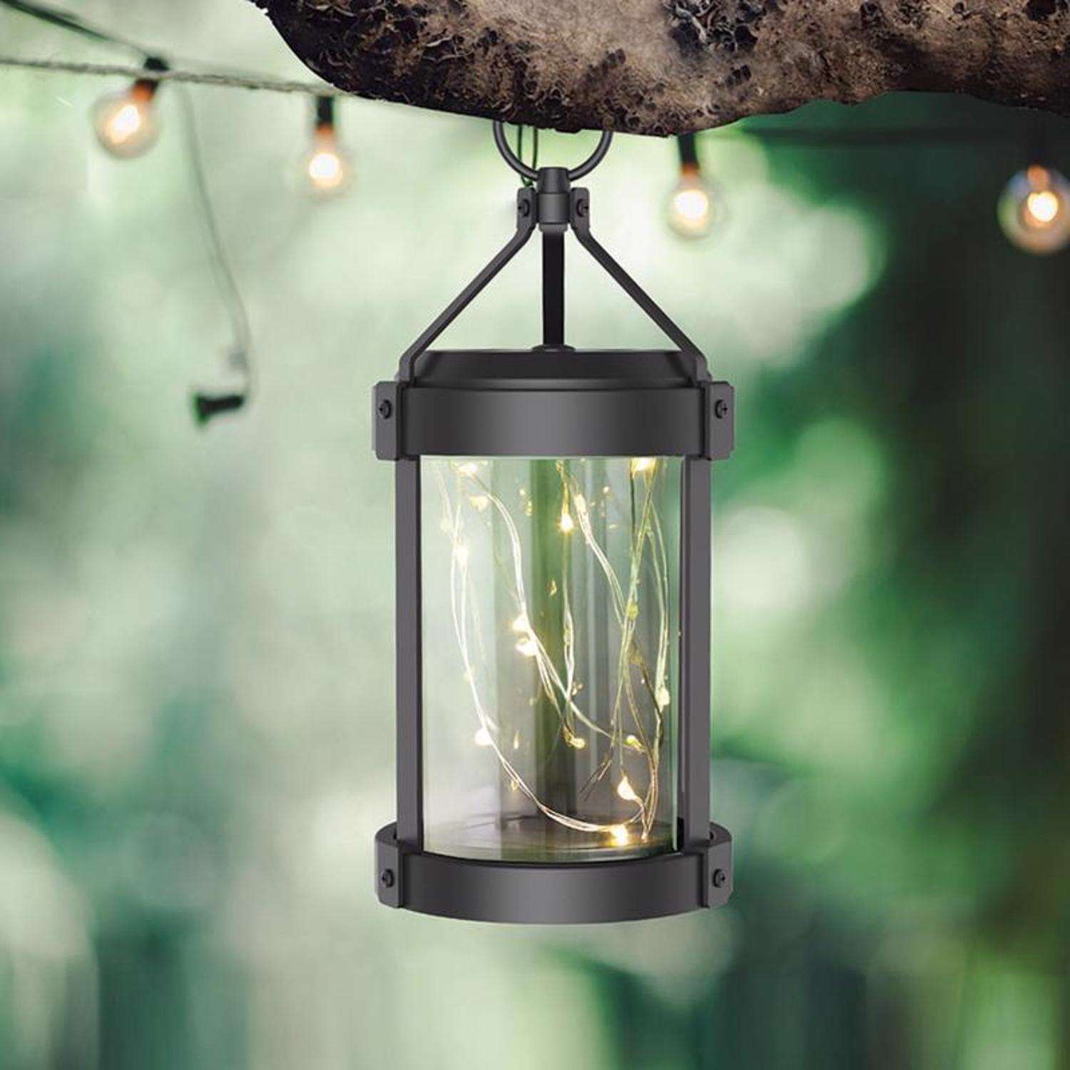 Feit Solar Fixtures 12 in. Solar Power Metal Round Coach Lantern Crackle Jar w/Fairy Lights Black