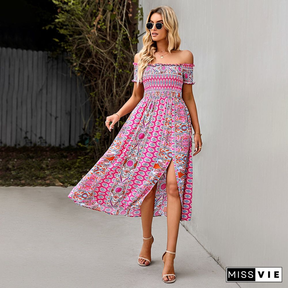 Elegant Floral Print Hem Split Dresses Women Summer Dress New Boho Holiday Slash Neck Short Sleeve Swing Midi Dress