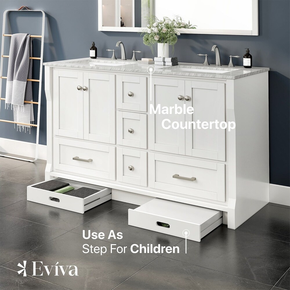 Eviva Booster 60 in. Double Sink Vanity in White with White Carrara Marble Countertop