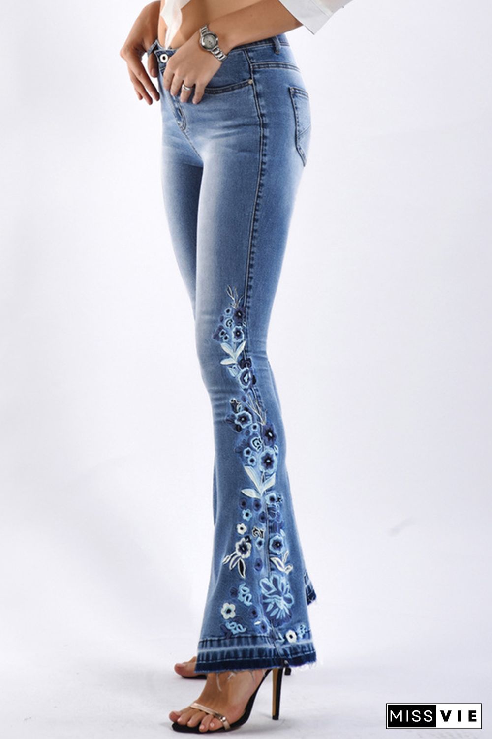 Bleach Embroidered Side Bell Bottom Flared Jeans Wholesale Boutique