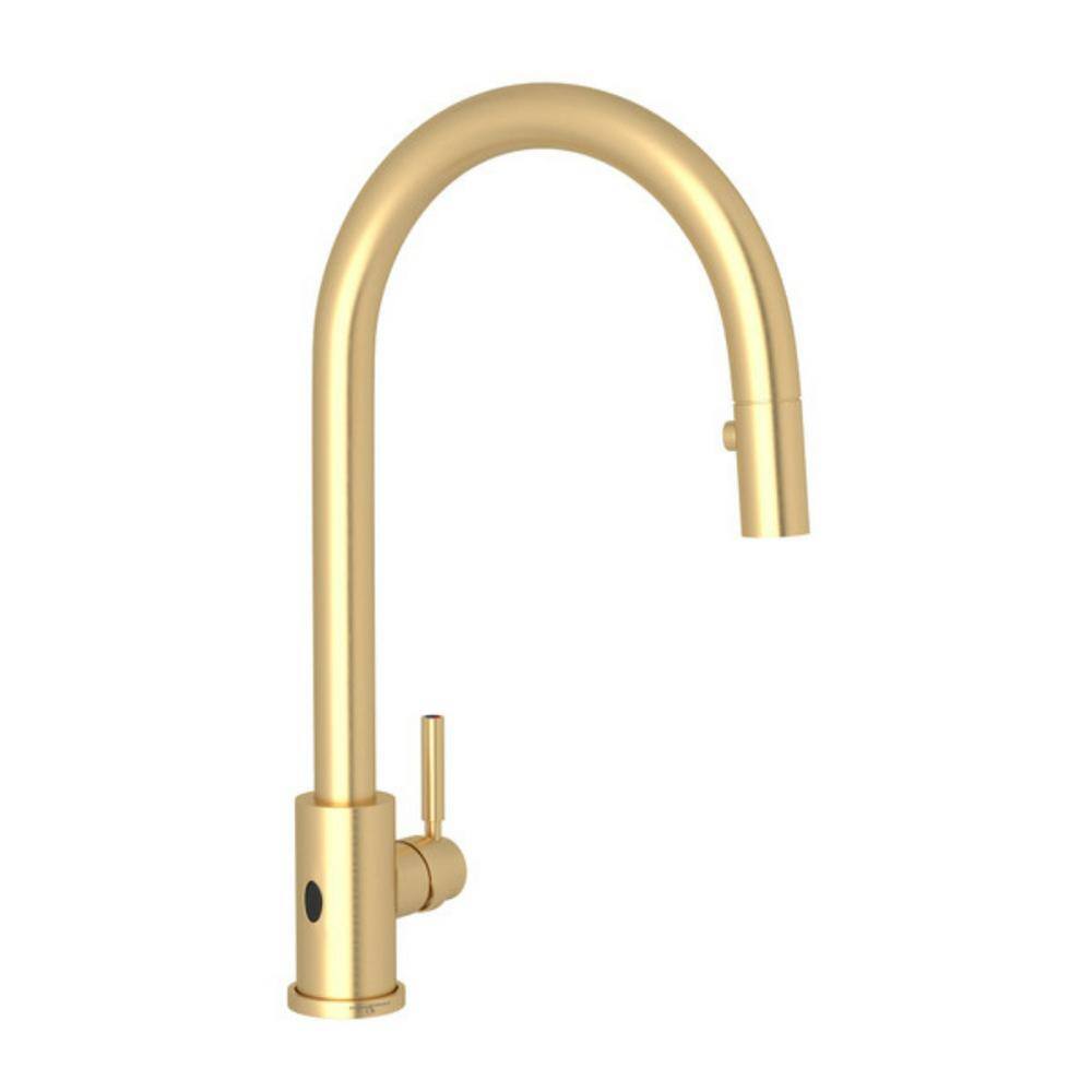 PERRIN  ROWE Holborn Single Handle Pull Down Sprayer Kitchen Faucet with Secure Docking Gooseneck in Satin English Gold U.4034LS-SEG-2