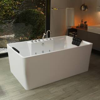 Empava 67 in. Center Drain Acrylic Freestanding Flatbottom Whirlpool Bathtub in White with Faucet - Water Jets EMP-67AIS03