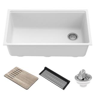 KRAUS Bellucci White Granite Composite 32 in. Single Bowl Undermount Workstation Kitchen Sink with Accessories KGUW1-33WH